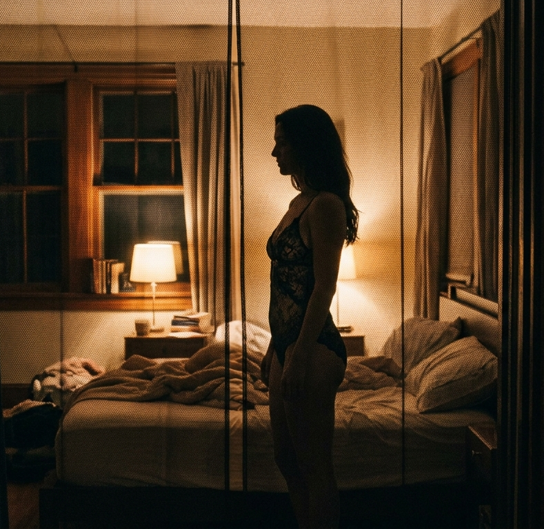 Personal Shine lace lingerie standing in a warmly lit bedroom, silhouetted against a soft ambient glow — shop the Lingerie Collection